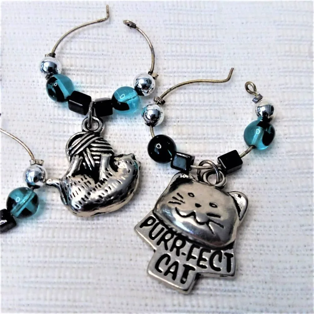 Glass Charms Drink Markers 6pc Wine Kitty Cat Beaded Handmade Bar Party Fun